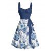 Tropical Flower Leaf Print Belted Mini Vacation Dress And Short Sleeve Shirt Matching Outfit - Bleu Ciel S | US 4