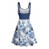 Tropical Flower Leaf Print Belted Mini Vacation Dress And Short Sleeve Shirt Matching Outfit - Bleu Ciel S | US 4