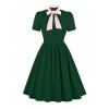 Mini Robe Vintage Boutonnée Manches Courtes à Col Noué - Vert profond S | US 4