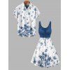 Vacation Flower Print Contrast Color Lace Up O Ring Mini Dress And Short Sleeve Shirt Outfit - Bleu profond S | US 4