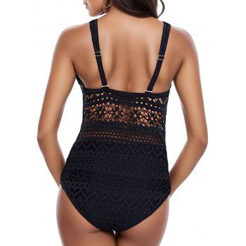 Hollow Out Flower Lace Plunging Neck Adjustable Strap One-piece Swimsuit 