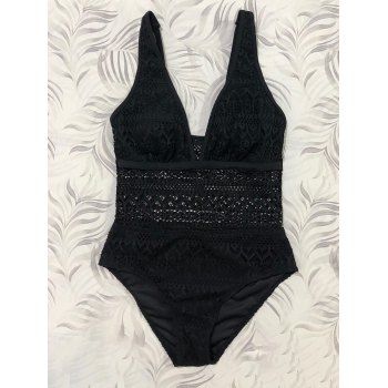 Hollow Out Flower Lace Plunging Neck Adjustable Strap One-piece Swimsuit 