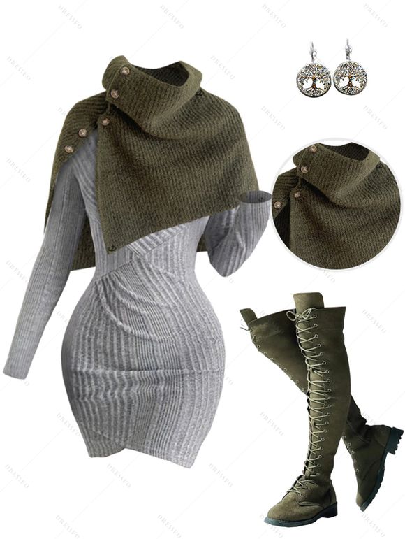 Ribbed Tulip Hem Surplice V Neck Mini Bodycon Dress Button Up Sweater Cape And Lace Up Over The Knee Boots Drop Earrings Outfit - Gris Clair S | US 4