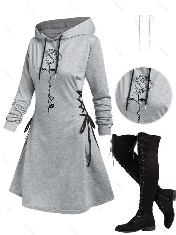 Hooded Rose Print Lace Up Mini Dress And Lace Up Over The Knee Boots O Ring Chain Drop Earrings Outfit - Gris Clair S | US 4