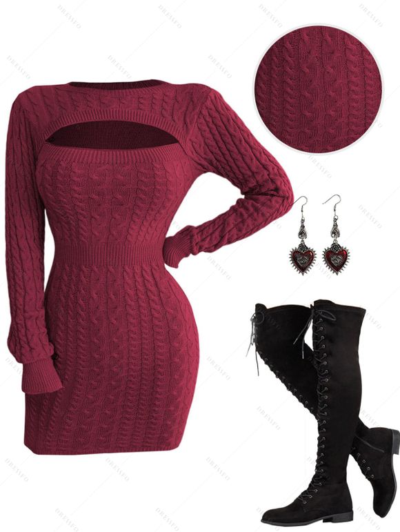 Solid Color Cable Knit Cut Out Mini Sweater Dress And Lace Up Over The Knee Boots Heart Rose Rivet Drop Earrings Outfit - Rouge foncé S | US 4