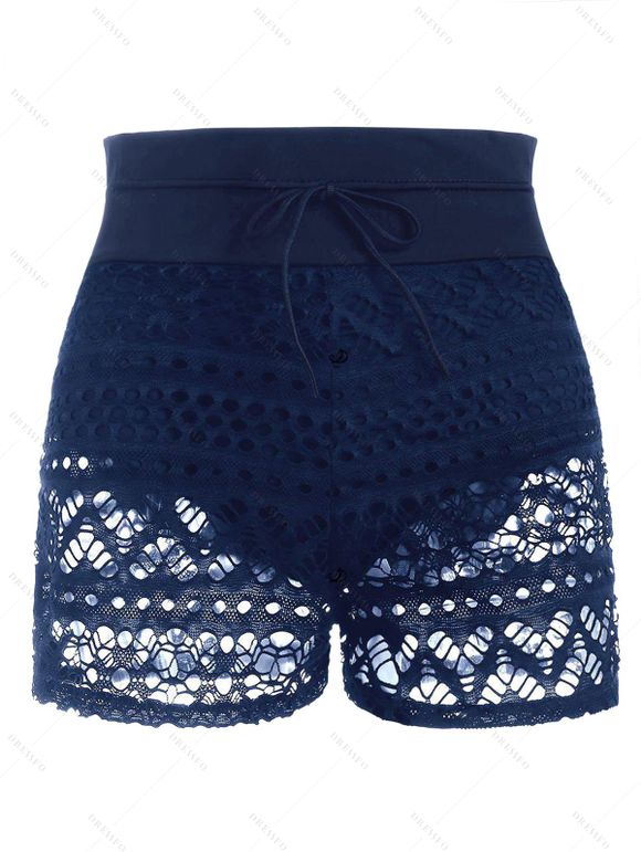 Bas de Maillot de Bain Superposé Fleur Evidé en Dentelle à Cordon - Bleu profond XXXL | US 14