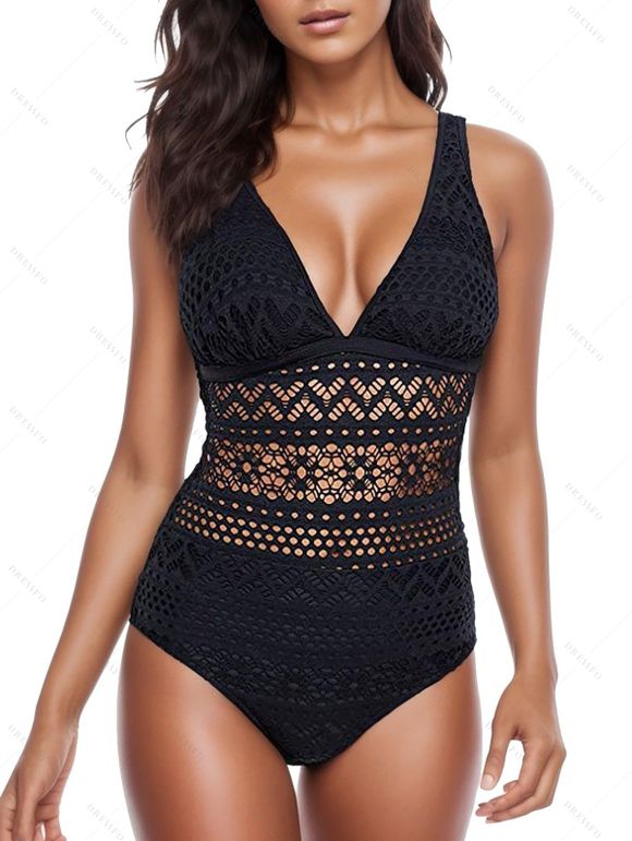 Maillot de Bain Fleur Evidé Ajustable en Dentelle à Col Plongeant Une-Pièce - Noir M | US 6