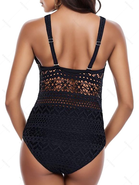 Maillot de Bain Fleur Evidé Ajustable en Dentelle à Col Plongeant Une-Pièce - Noir M | US 6