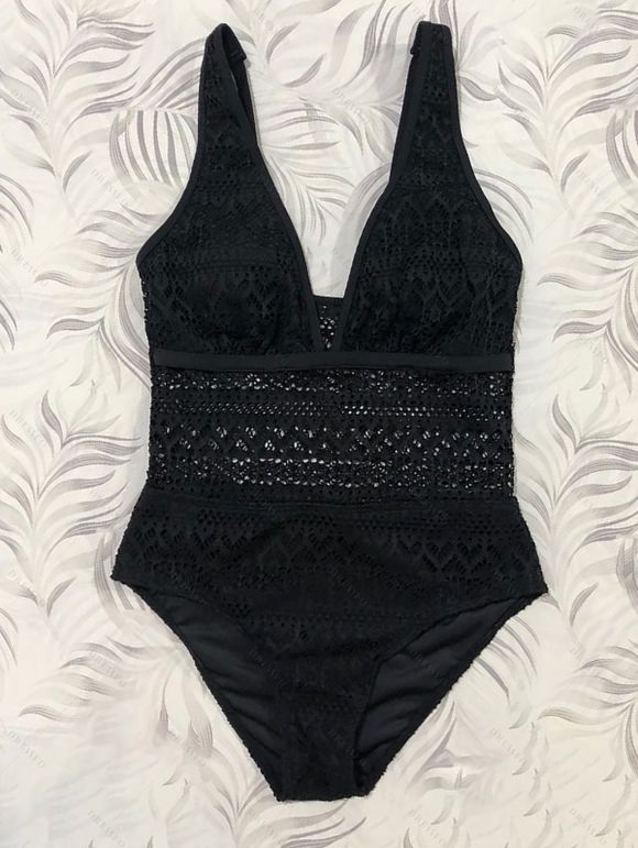 Maillot de Bain Fleur Evidé Ajustable en Dentelle à Col Plongeant Une-Pièce - Noir M | US 6