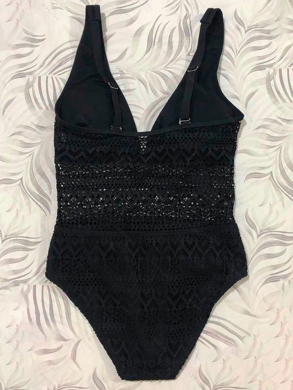 Maillot de Bain Fleur Evidé Ajustable en Dentelle à Col Plongeant Une-Pièce - Noir M | US 6
