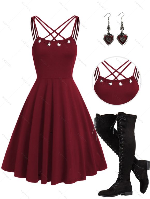 Solid Color Crisscross Strap Grommet A Line Dress And Lace Up Over The Knee Boots Heart Rose Drop Earrings Outfit - Rouge foncé S | US 4