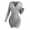 Ribbed Tulip Hem Surplice V Neck Mini Bodycon Dress Button Up Sweater Cape And Lace Up Over The Knee Boots Drop Earrings Outfit - Gris Clair S | US 4