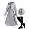 Hooded Rose Print Lace Up Mini Dress And Lace Up Over The Knee Boots O Ring Chain Drop Earrings Outfit - Gris Clair S | US 4