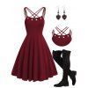 Solid Color Crisscross Strap Grommet A Line Dress And Lace Up Over The Knee Boots Heart Rose Drop Earrings Outfit - Rouge foncé S | US 4