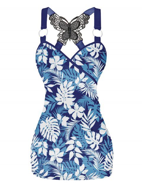 Tropical Leaf Allover Print Ruched Butterfly Lace O Ring Vacation Tank Top