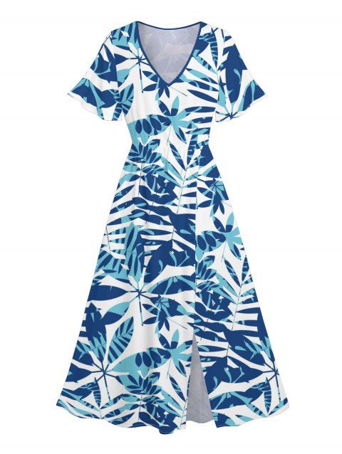 Robe Mi-Longue de Vacances Feuille Tropicale Imprimée Partout à Ourlet Fendu