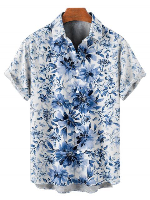 Chemise de Vacances Fleur en Tissu Imprimé à Manches Courtes Boutonnée