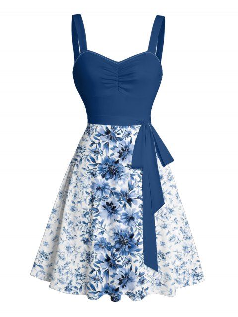 Flower Print Belted Mini Dress Ruched Bust Sleeveless A Line Vacation Dress