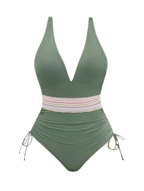 Maillot de Bain Zigzag Imprimé en Couleur Contrastée à Col Plongeant Une-Pièce