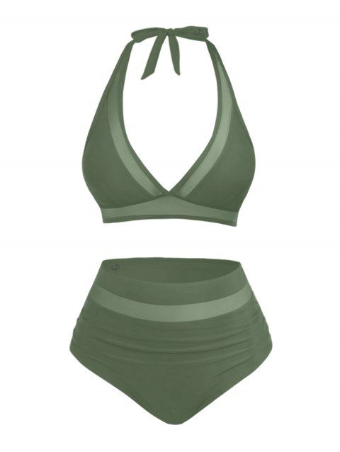 Maillot de Bain Bikini Panneau en Maille Transparente Deux Pièces à Col Plongeant