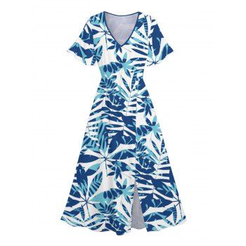 Robe Mi-Longue de Vacances Feuille Tropicale Imprimée Partout à Ourlet Fendu
