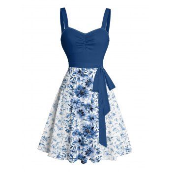 Mini Robe Ligne A Ceinturée Fleur Imprimée sans Manches à Volants