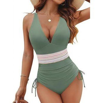 Zigzag Print Contrast Color Plunging Neck Cinched One-piece Swimsuit 