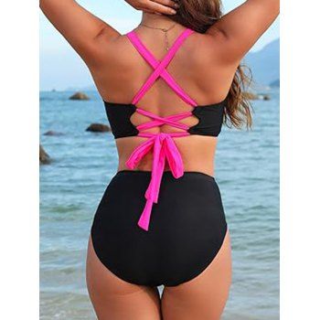 Colorblock Crossover Lace Up Bowknot High Waist Two Piece Swimsuit