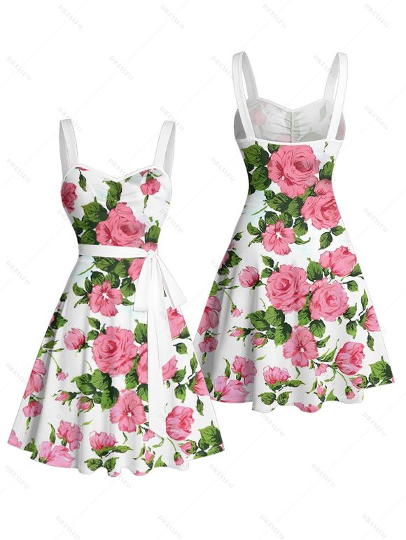 Mini Robe de Vacances Ceinturée Fleur Imprimée sans Manches - Blanc XL | US 12