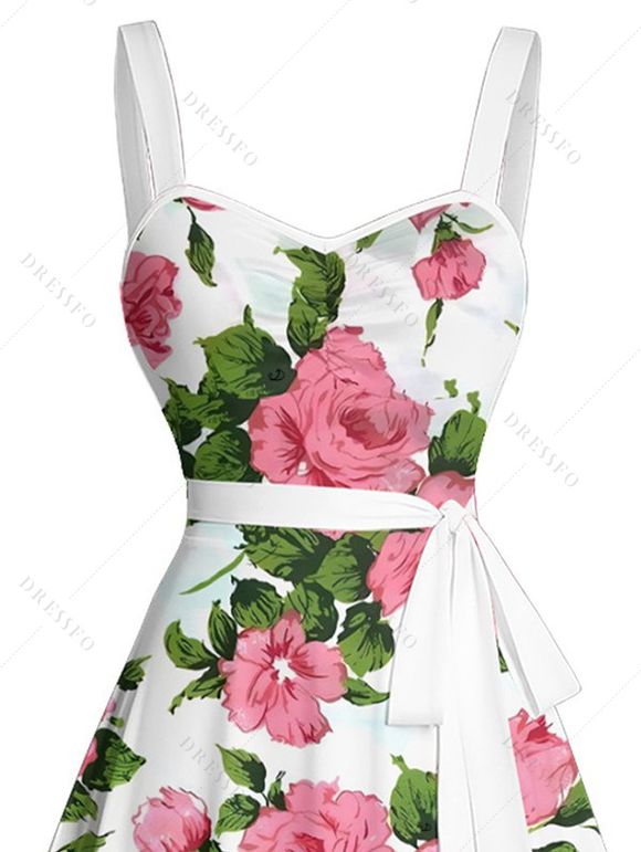 Mini Robe de Vacances Ceinturée Fleur Imprimée sans Manches - Blanc XL | US 12