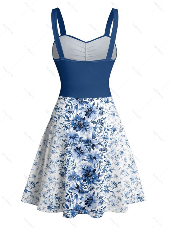 Mini Robe Ligne A Ceinturée Fleur Imprimée sans Manches à Volants - Bleu profond XXL | US 14