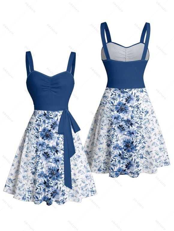 Mini Robe Ligne A Ceinturée Fleur Imprimée sans Manches à Volants - Bleu profond XXL | US 14