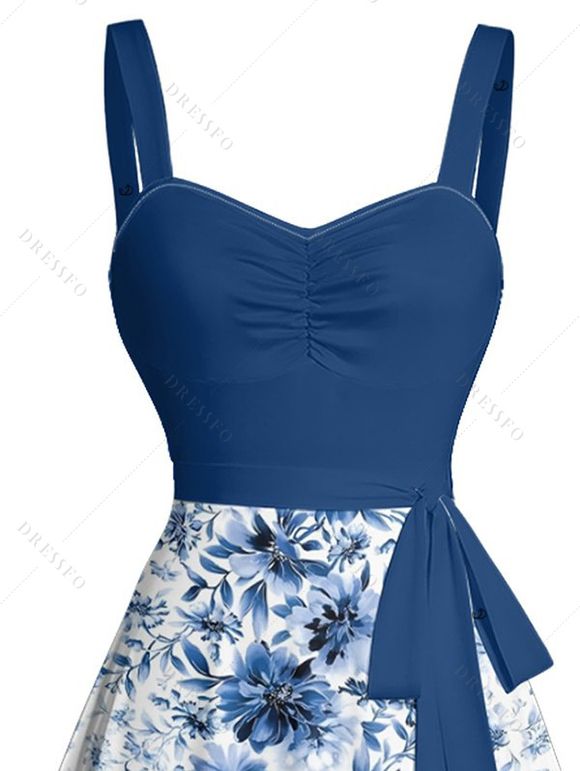 Mini Robe Ligne A Ceinturée Fleur Imprimée sans Manches à Volants - Bleu profond XXL | US 14