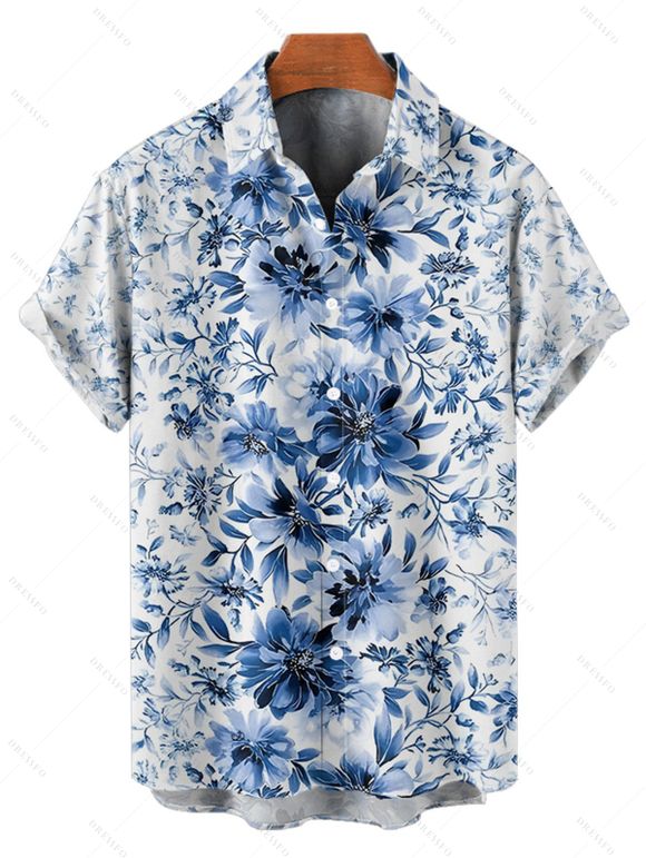 Chemise de Vacances Fleur en Tissu Imprimé à Manches Courtes Boutonnée - Bleu profond 5XL