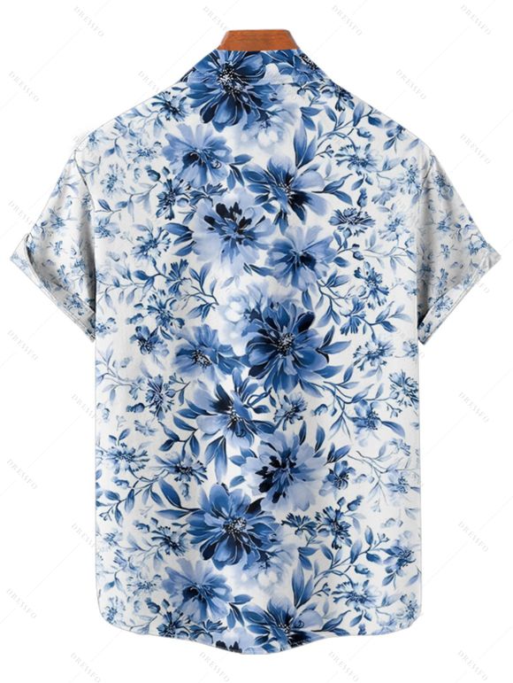 Chemise de Vacances Fleur en Tissu Imprimé à Manches Courtes Boutonnée - Bleu profond M