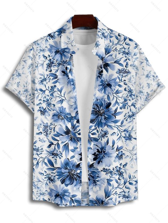 Chemise de Vacances Fleur en Tissu Imprimé à Manches Courtes Boutonnée - Bleu profond M