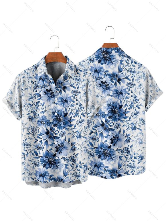Chemise de Vacances Fleur en Tissu Imprimé à Manches Courtes Boutonnée - Bleu profond M