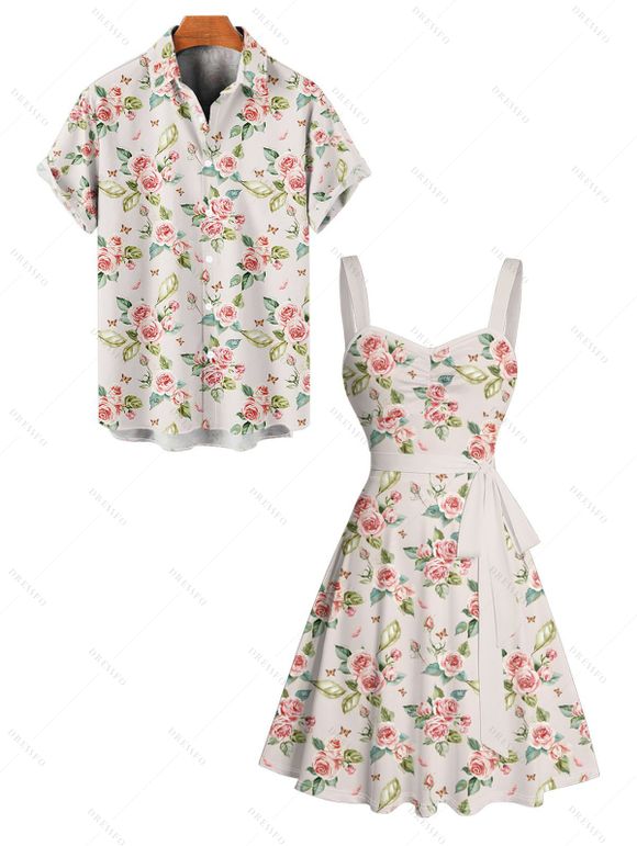 Allover Flower Print Belted Vacation Dress And Short Sleeve Shirt Vacation Matching Outfit - Beige S | US 4