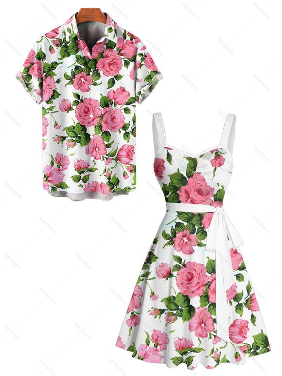 Allover Flower Print Vacation Belted Mini Dress And Short Sleeve Shirt Matching Outfit - Blanc S | US 4