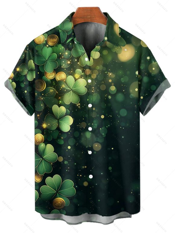 Chemise Pois Imprimé Boutonnée à Manches Courtes - Vert profond 5XL