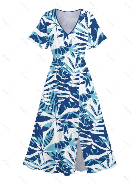 Robe Mi-Longue de Vacances Feuille Tropicale Imprimée Partout à Ourlet Fendu - Bleu clair XXL | US 14