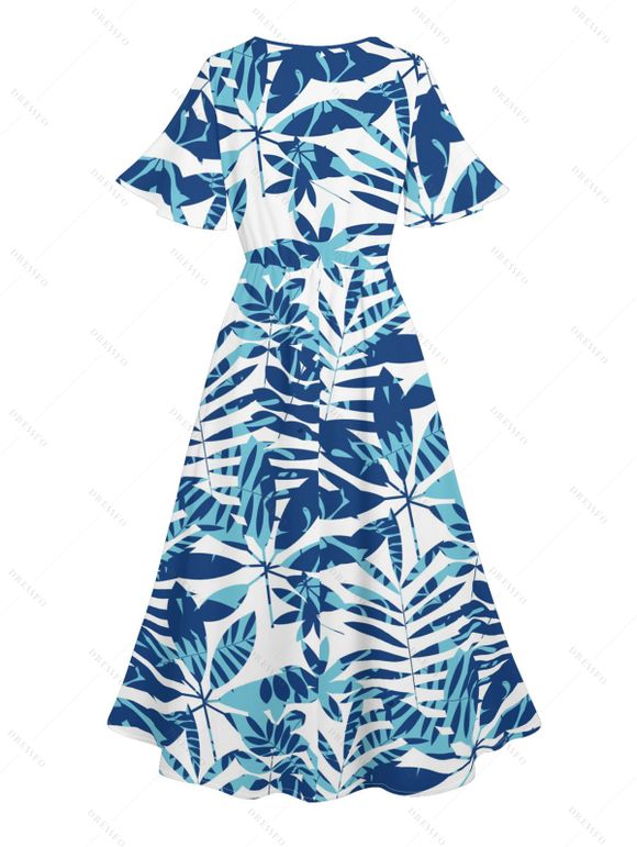 Robe Mi-Longue de Vacances Feuille Tropicale Imprimée Partout à Ourlet Fendu - Bleu clair XL | US 12