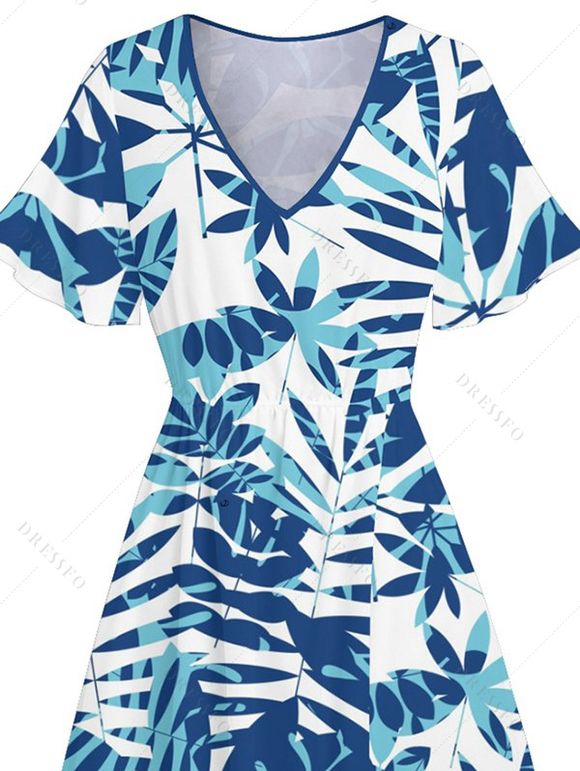 Robe Mi-Longue de Vacances Feuille Tropicale Imprimée Partout à Ourlet Fendu - Bleu clair XL | US 12
