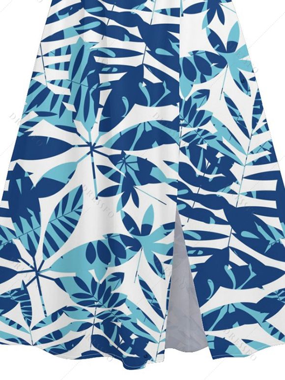Robe Mi-Longue de Vacances Feuille Tropicale Imprimée Partout à Ourlet Fendu - Bleu clair XL | US 12