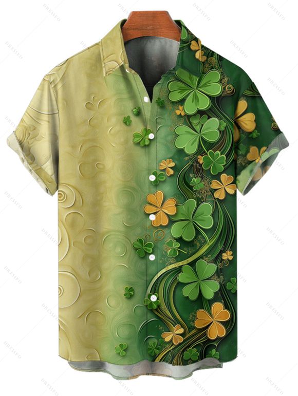 Chemise de Pâque Fleur Imprimée Boutonnée à Manches Courtes - Vert profond 4XL