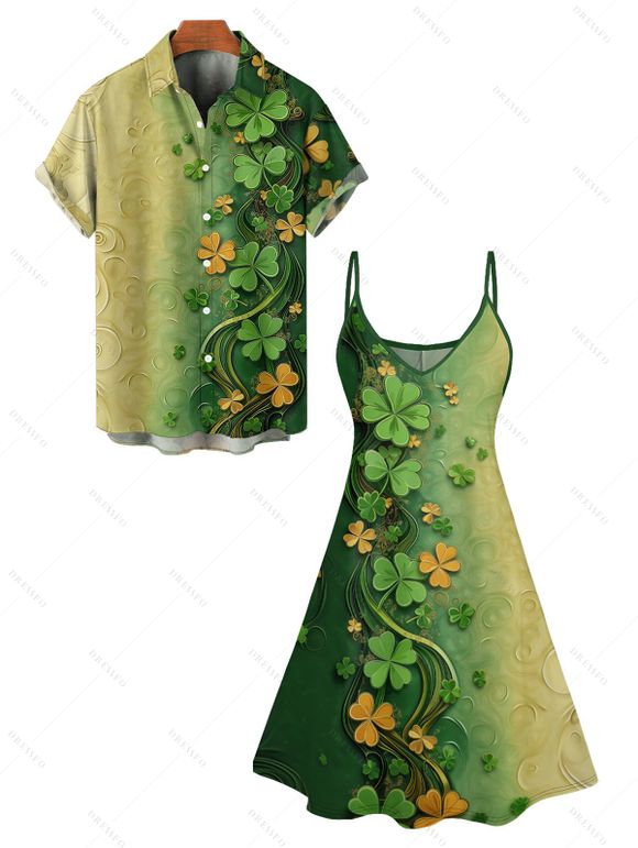 St. Patrick's Day Lucky Glassed Print A Line Mini Dress And Short Sleeve Shirt Matching Outfit - Vert profond S | US 4