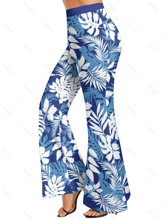 Pantalon Evasé de Vacances Feuille Tropicale Imprimée Taille Haute à Jambe Large - Bleu Ciel M | US 6