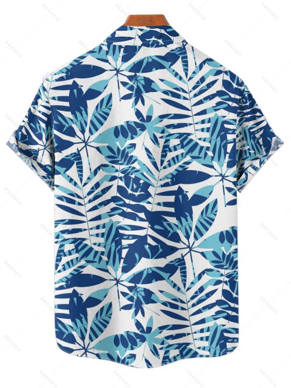 Chemise de Vacances Boutonnée Feuille Tropicale Imprimée Partout à Manches Courtes - Bleu clair L