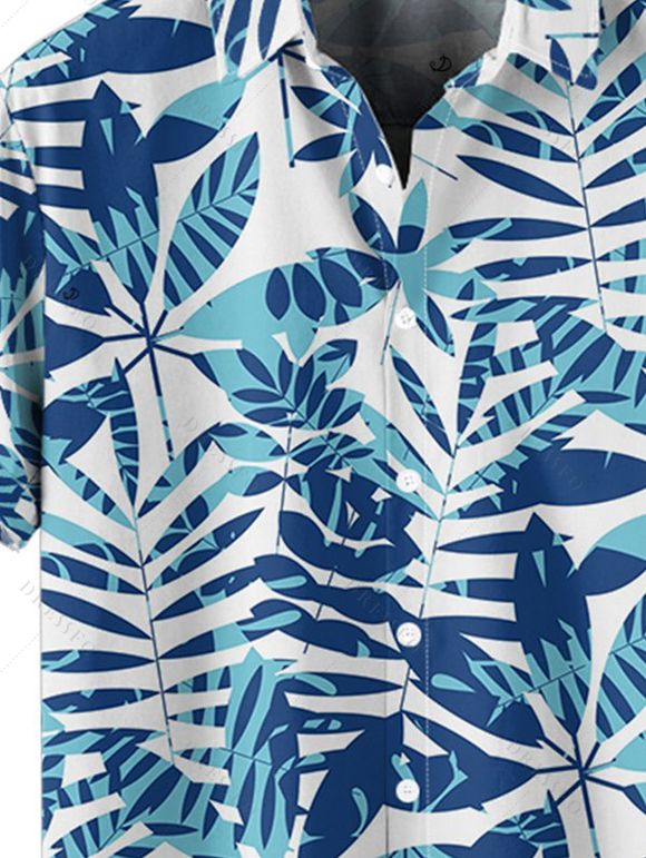 Chemise de Vacances Boutonnée Feuille Tropicale Imprimée Partout à Manches Courtes - Bleu clair L