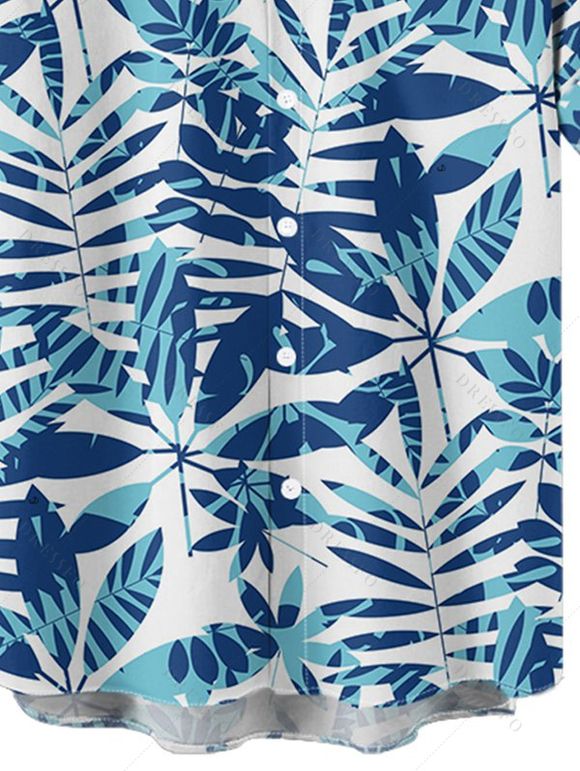 Chemise de Vacances Boutonnée Feuille Tropicale Imprimée Partout à Manches Courtes - Bleu clair L